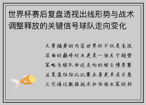 世界杯赛后复盘透视出线形势与战术调整释放的关键信号球队走向变化