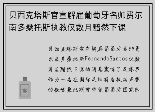 贝西克塔斯官宣解雇葡萄牙名帅费尔南多桑托斯执教仅数月黯然下课